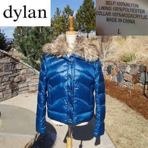 dylan NWT  L Metal Blue Luxe Cropped Puffer Front Snap Jacket w Faux Fur Collar